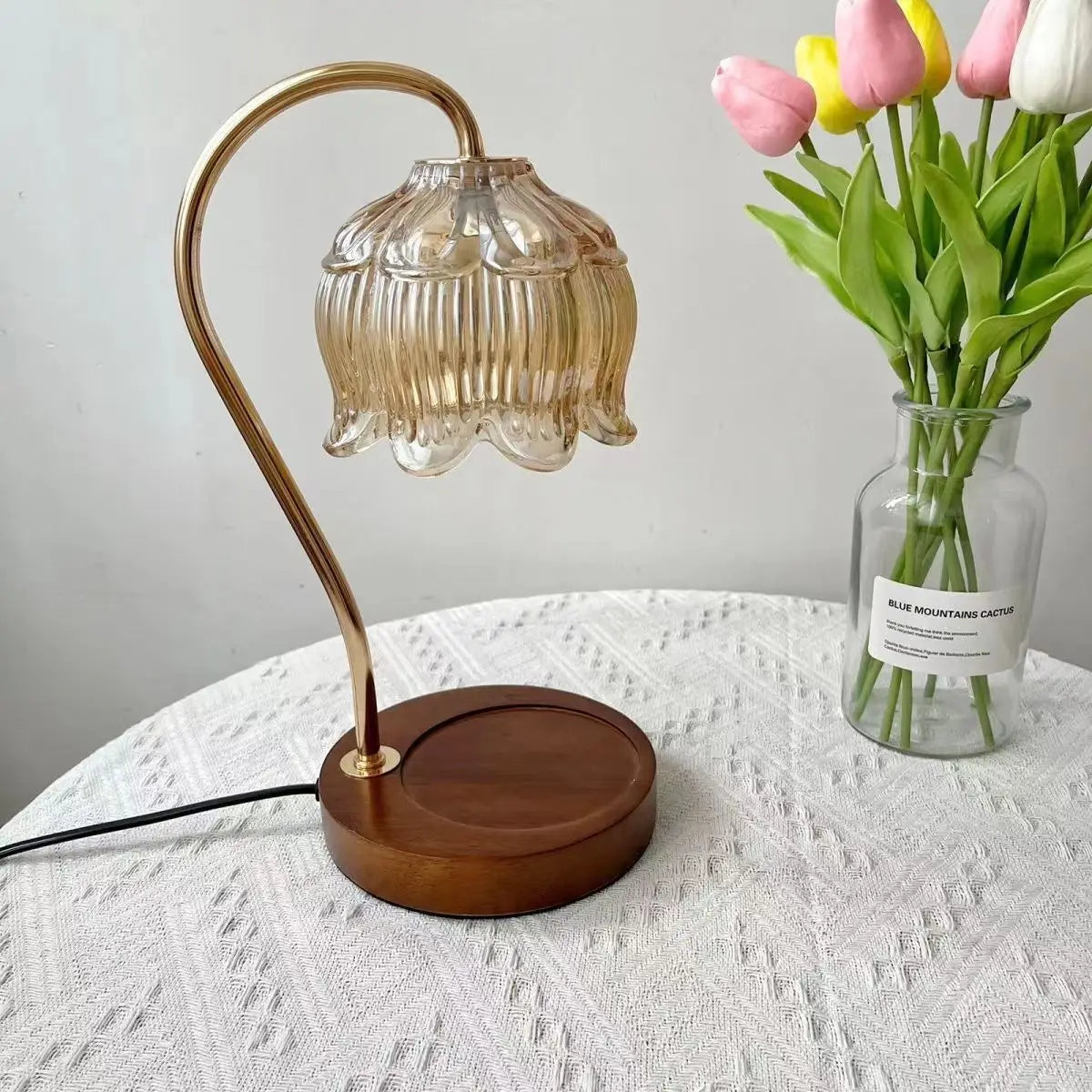 LED-Nachtlicht Glas Holzfuß EU-Stecker Retro-Stil mit warmweißem Licht 1