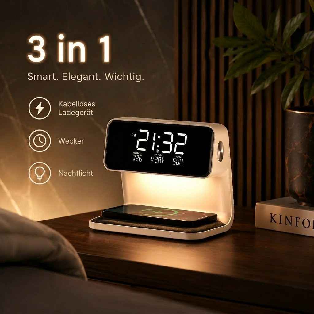 LED Wecker mit kabelloser Ladefunktion | LCD Display mit Uhrzeit, Datum & Temperatur | Touch Dimmer mit 3 Helligkeitsstufen