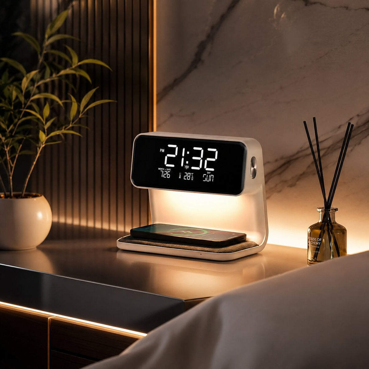 LED Wecker mit kabelloser Ladefunktion | LCD Display mit Uhrzeit, Datum & Temperatur | Touch Dimmer mit 3 Helligkeitsstufen