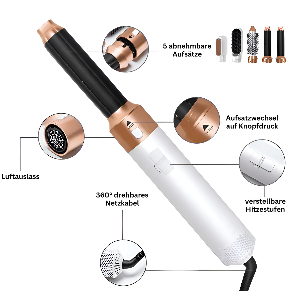 Haarstyler 5 in 1, Lila | Warmluftbürste mit 5 Aufsätzen | Locken, Glätten und Volumen in einem kompletten Styling-Set 6