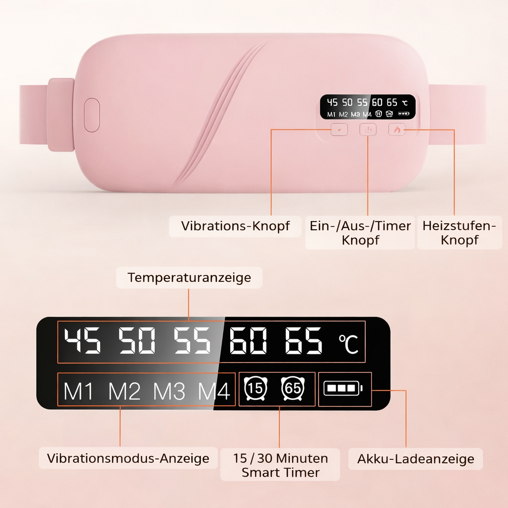 Menstruations-Wärmegürtel | 5 Wärmestufen | Massagefunktion | USB-C wiederaufladbar | CrampEase