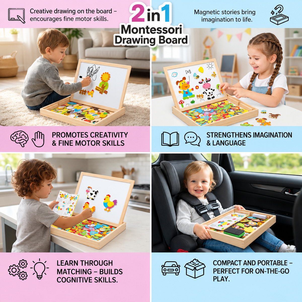 Montessori Zeichentafel 2in1 aus Holz | Magnetseite und Schreibseite | Formen, Farben und Tiere spielerisch lernen