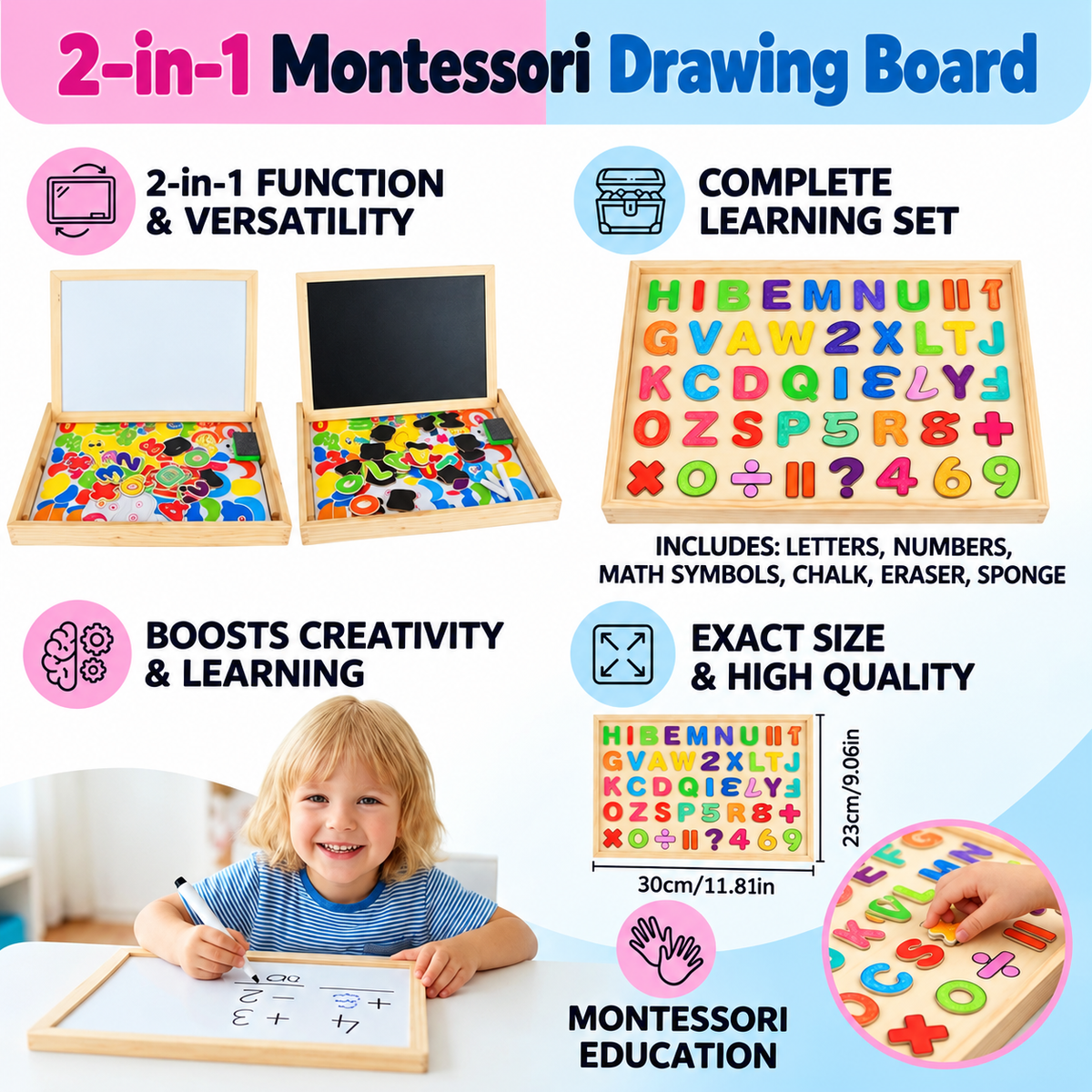 Montessori Zeichentafel 2in1 aus Holz | Magnetseite und Schreibseite | Formen, Farben und Tiere spielerisch lernen