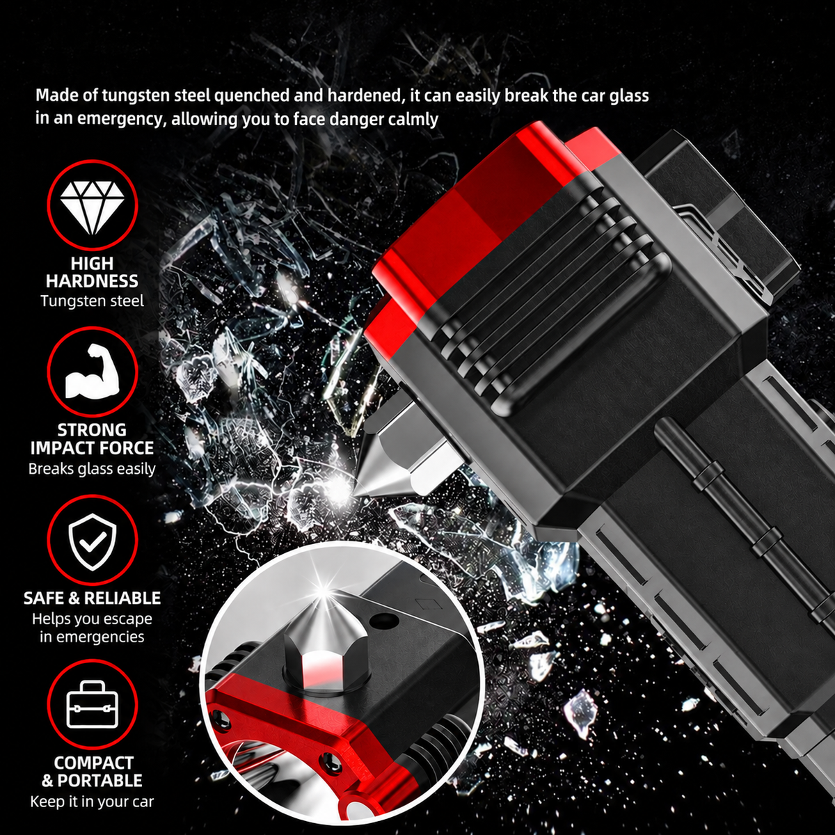 Multifunktions-Taschenlampe mit Powerbank | Solar-Ladefunktion, SOS-Blinkmodus | Gurtschneider und Fensterheber integriert