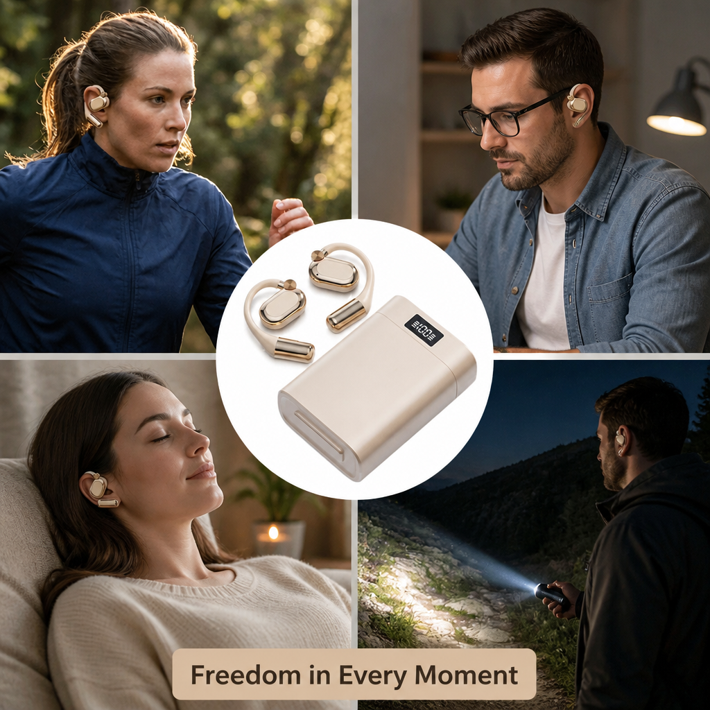 Open-Ear Bluetooth Kopfhörer | Bluetooth 5.4 Ultra-Low-Latency | Ladecase mit LED-Taschenlampe und Akkuanzeige