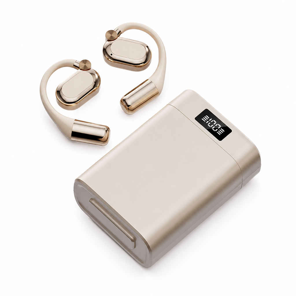 Open-Ear Bluetooth Kopfhörer | Bluetooth 5.4 Ultra-Low-Latency | Ladecase mit LED-Taschenlampe und Akkuanzeige