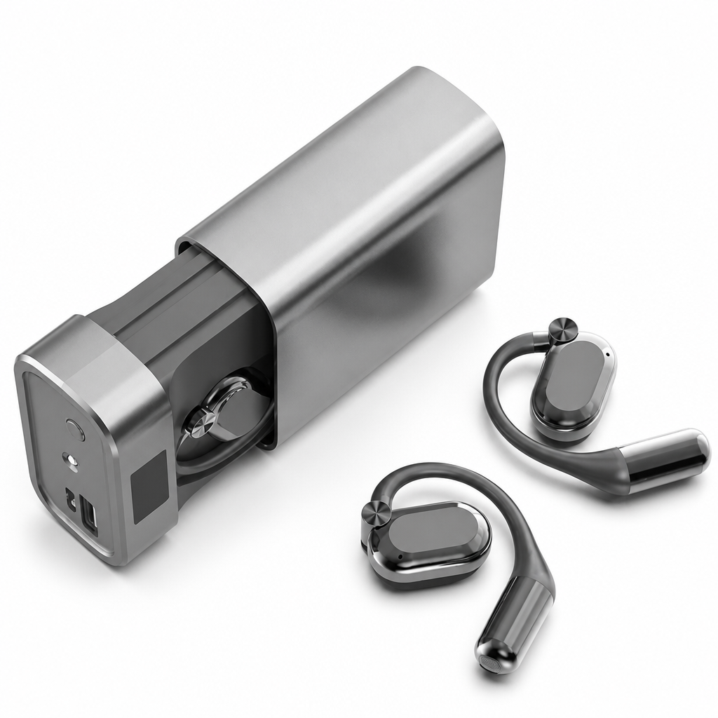 Open-Ear Bluetooth Kopfhörer | Bluetooth 5.4 Ultra-Low-Latency | Ladecase mit LED-Taschenlampe und Akkuanzeige
