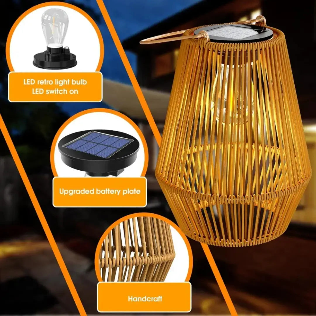 Rattan-Solarlaterne | Warmes LED-Licht, automatisch | Wetterfest | SolaraWeave