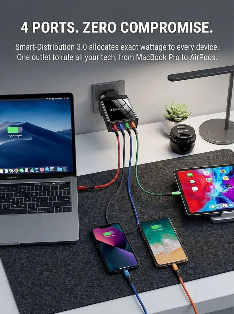 Reiseladegerät mit vier Anschlüssen | Je 3,1 A pro USB-Port | Kompaktes Mehrfach-Ladegerät | PowerPort