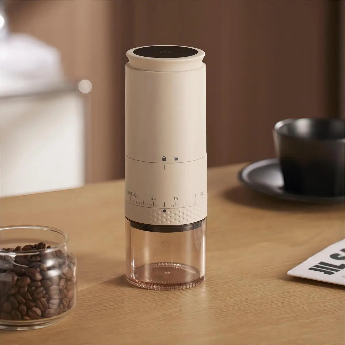 Elektrische Kaffeemühle Keramik-Kegelmahlwerk | 38 Mahlgrad-Stufen Extern Einstellbar | 1500mAh Akku mit USB-C Ladung 3