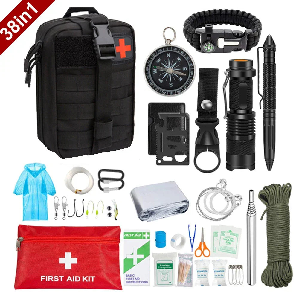 Notfall- und Survival-Set 38-teilig | Molle-kompatible Tasche mit 38 Werkzeugen | Wasserfest für Camping und Wandern 1