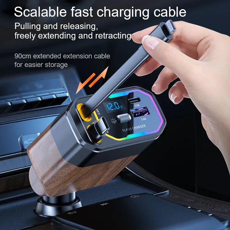 4-in-1 Ausziehbares Autoladegerät | 120W Schnellladung mit USB-C für iPhone & Android | Zigarettenanzünderadapter integriert 4