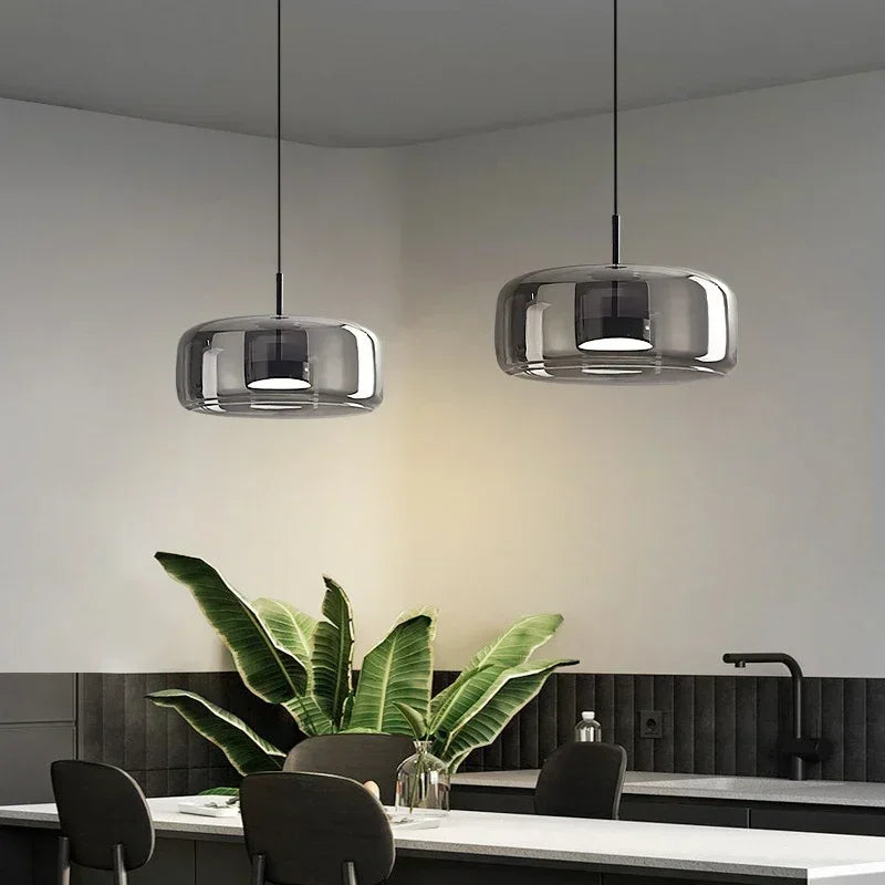 LED-Pendelleuchte aus Glas mit goldenem Finish, Ø23x24 / Ø33x14 cm | Transparent, Hellbraun, Dunkel | 7 W LED, Schalter-Steuerung 2