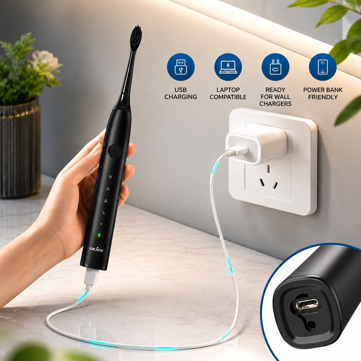 Electric sonic toothbrush | 5 brushing modes & USB rechargeable battery, over 50 days of runtime | Quiet, thorough cleaning including 8 replacement heads
