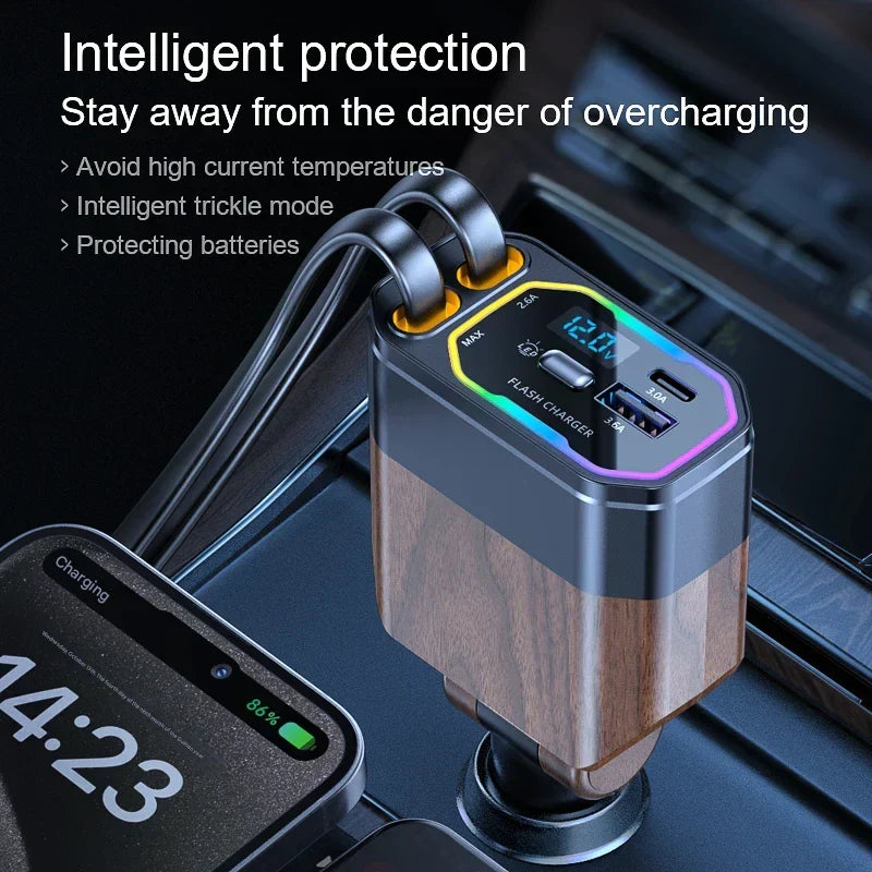 4-in-1 Ausziehbares Autoladegerät | 120W Schnellladung mit USB-C für iPhone & Android | Zigarettenanzünderadapter integriert 6