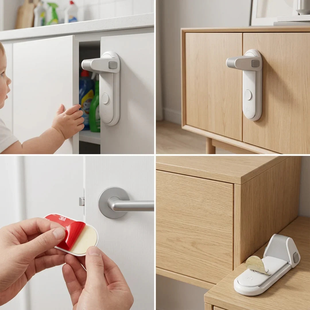 Selbstklebende Kindersicherung Schrank ohne Bohren mit Klebeband 3