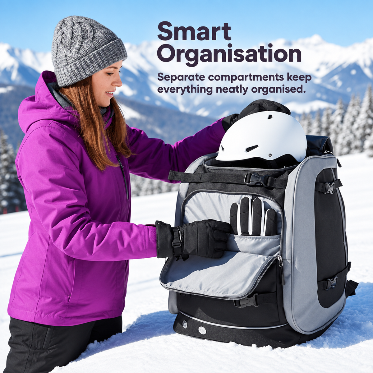 Ski Rucksack 65L | Skistiefeltasche mit Helmfach & Skibrillenfach | Oxford-Gewebe, verstellbare Trageriemen, Skihalterung