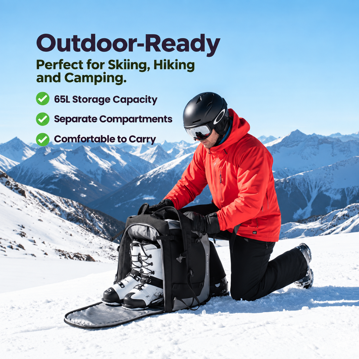 Ski Rucksack 65L | Skistiefeltasche mit Helmfach & Skibrillenfach | Oxford-Gewebe, verstellbare Trageriemen, Skihalterung