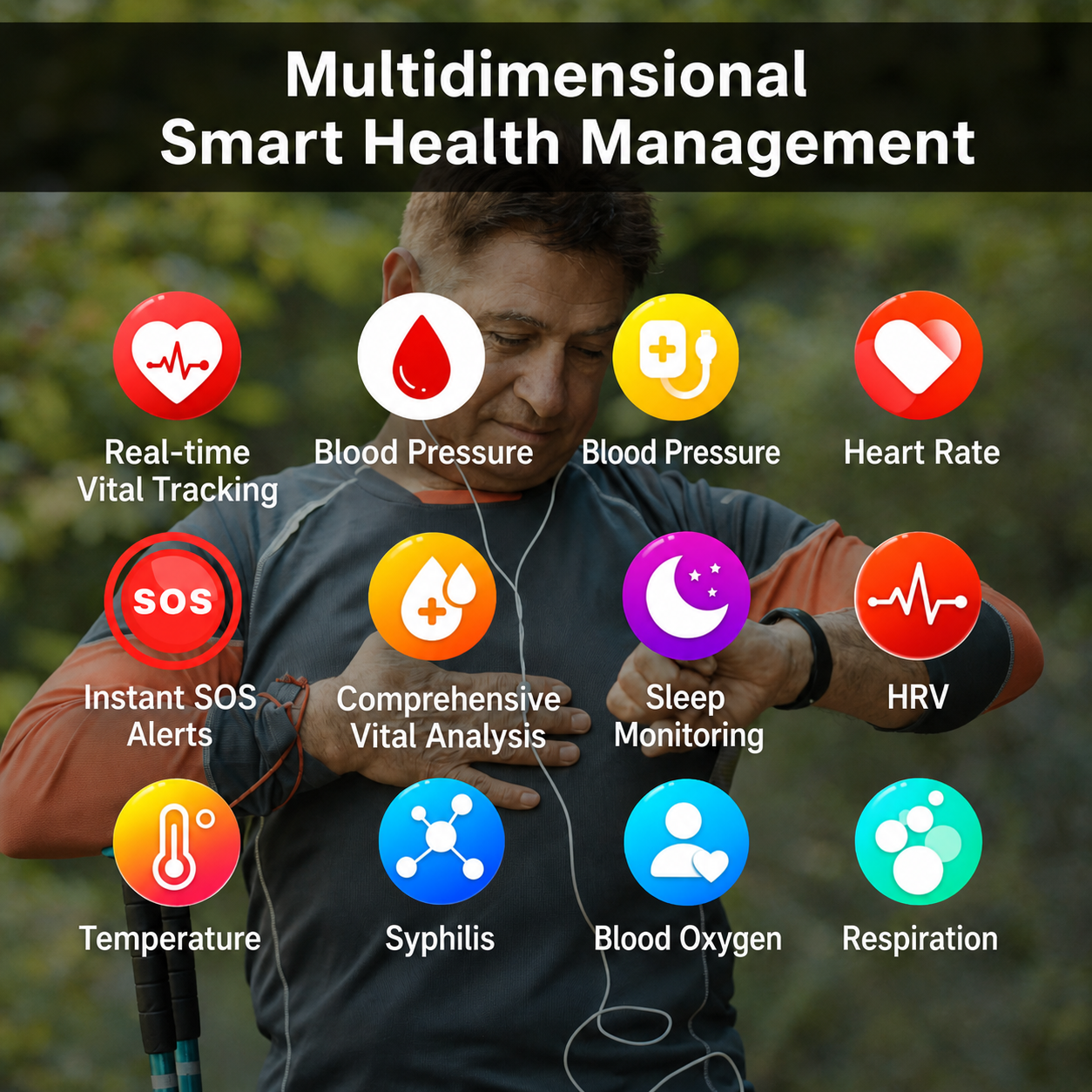 Smartwatch mit SOS-Notfallalarm und Sturzerkennung | Herzfrequenz-, Sauerstoff- und Aktivitätsmessung | Bluetooth und wasserdicht