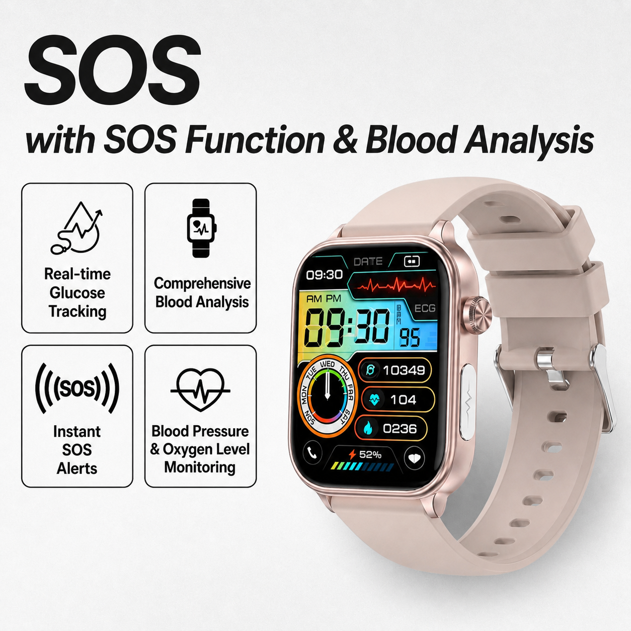 Smartwatch mit SOS-Notfallalarm und Sturzerkennung | Herzfrequenz-, Sauerstoff- und Aktivitätsmessung | Bluetooth und wasserdicht