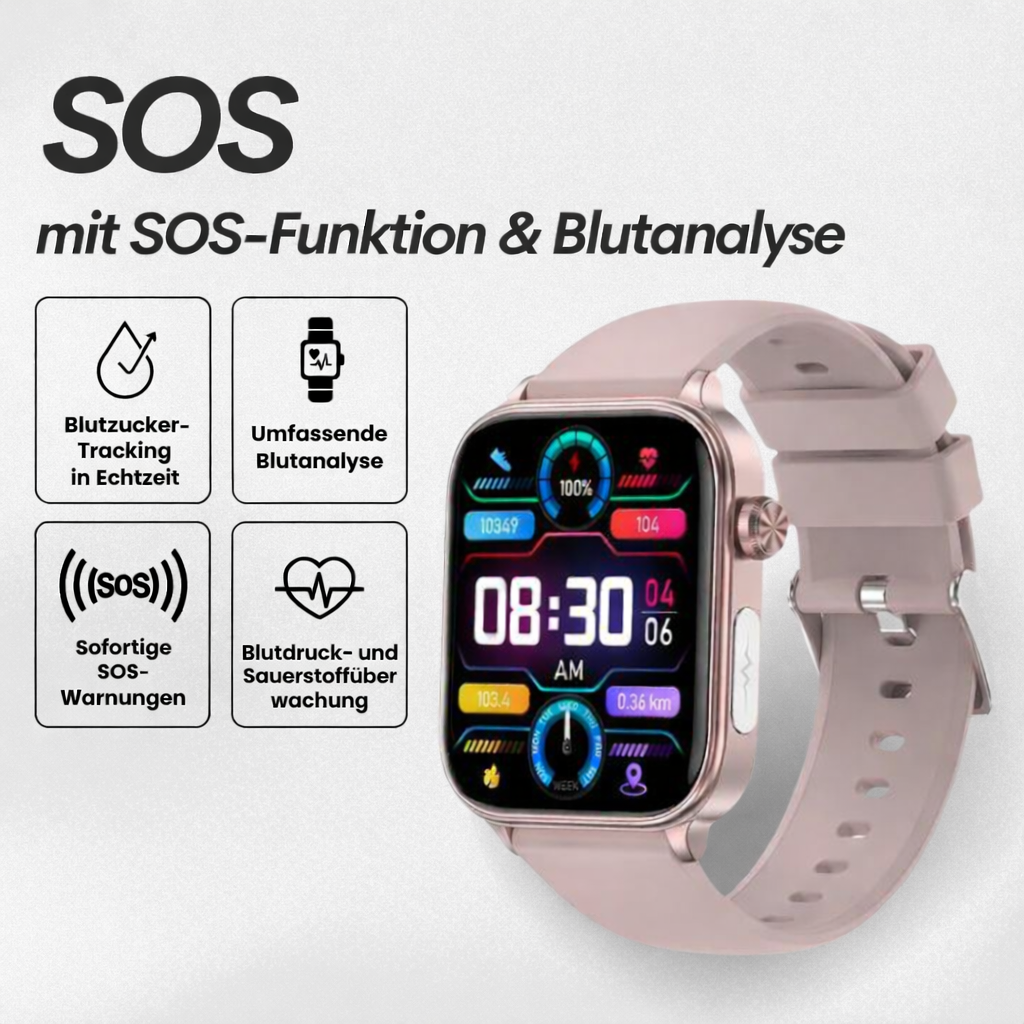 Smartwatch mit SOS-Notfallalarm und Sturzerkennung | Herzfrequenz-, Sauerstoff- und Aktivitätsmessung | Bluetooth und wasserdicht