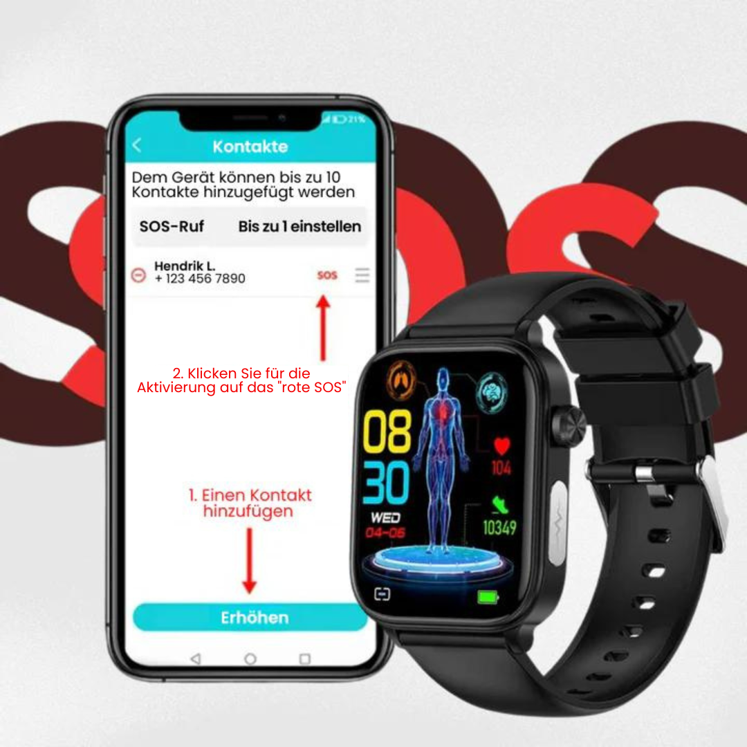 Smartwatch mit SOS-Notfallalarm und Sturzerkennung | Herzfrequenz-, Sauerstoff- und Aktivitätsmessung | Bluetooth und wasserdicht