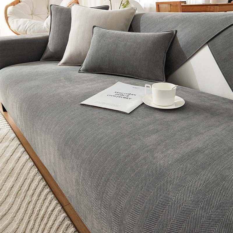 Sofabezug Chenille-Stoff Fischgrätenmuster | 70x70 bis 90x210 cm, 5 Farben | Anti-Rutsch-Rückseite für Sofa & Sessel 3