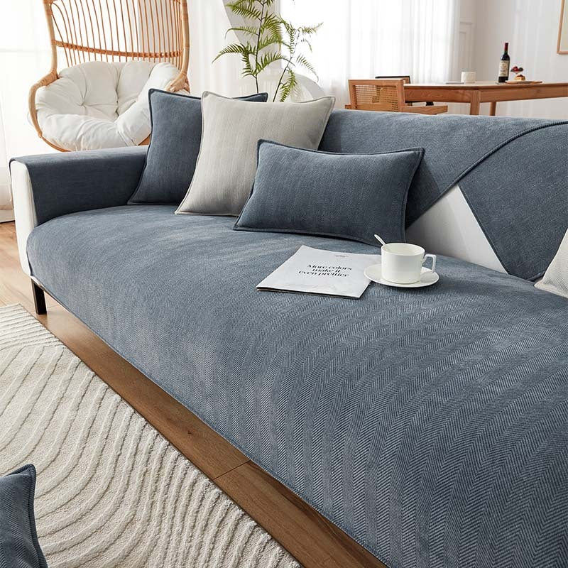 Sofabezug Chenille-Stoff Fischgrätenmuster | 70x70 bis 90x210 cm, 5 Farben | Anti-Rutsch-Rückseite für Sofa & Sessel 4