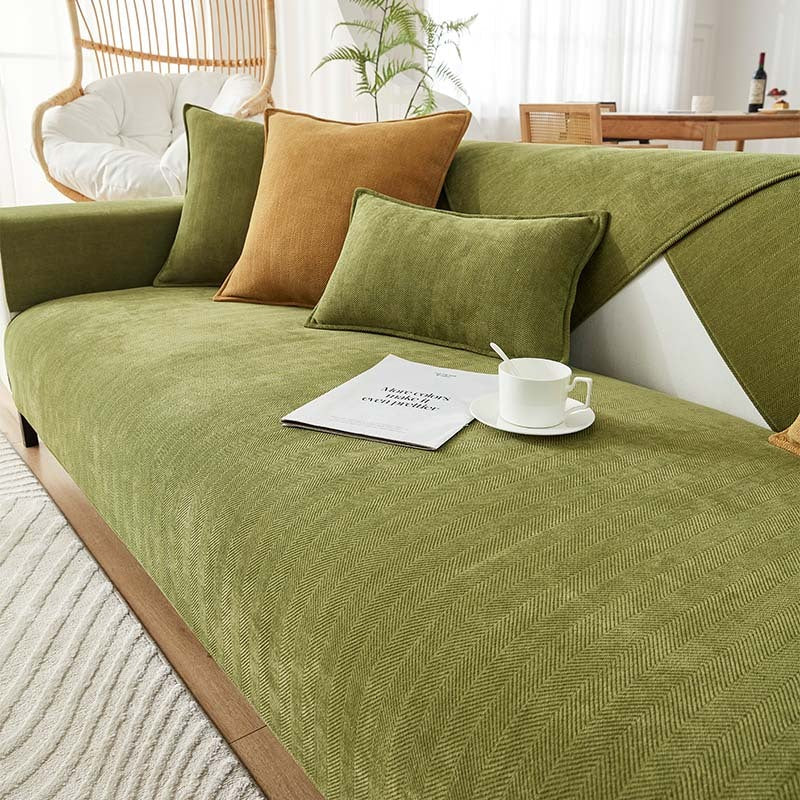 Sofabezug Chenille-Stoff Fischgrätenmuster | 70x70 bis 90x210 cm, 5 Farben | Anti-Rutsch-Rückseite für Sofa & Sessel 1