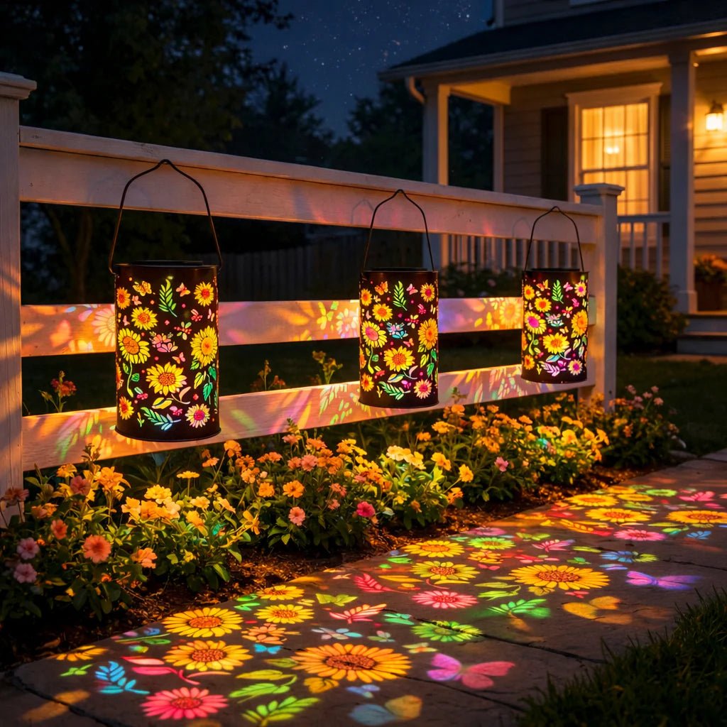 Solar Gartenlaterne Metall | Blumen-Lichtprojektion | Automatik-Dämmerungsschalter | LumaBloom
