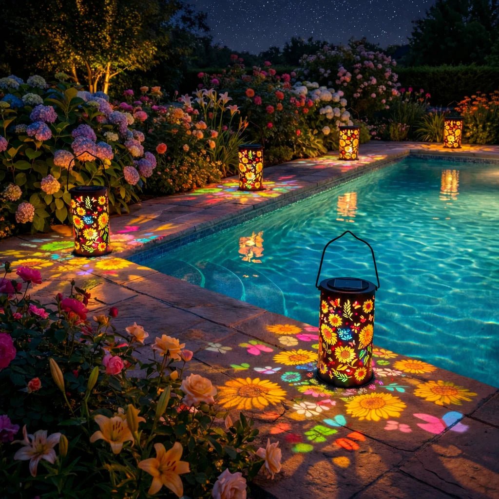 Solar Gartenlaterne Metall | Blumen-Lichtprojektion | Automatik-Dämmerungsschalter | LumaBloom