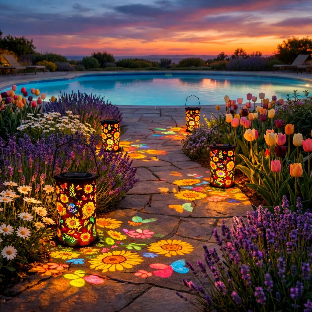 Solar Gartenlaterne Metall | Blumen-Lichtprojektion | Automatik-Dämmerungsschalter | LumaBloom