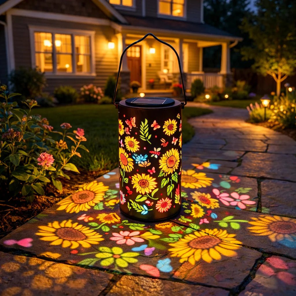 Solar Gartenlaterne Metall | Blumen-Lichtprojektion | Automatik-Dämmerungsschalter | LumaBloom
