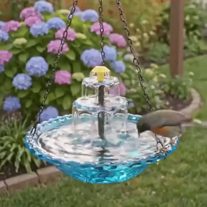 Solarbetriebene Hängende Vogeltränke mit Springbrunnen | Zweistufig | Glasschale | Aquavio