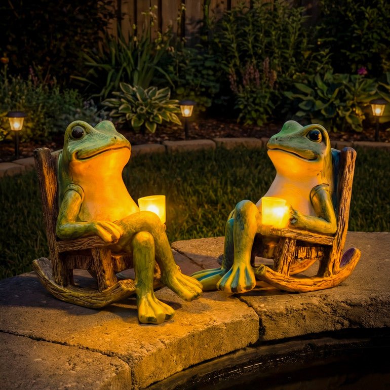 Solargartenfigur Frosch | Warmweißes LED-Licht | Automatik-Dämmerungsschalter | NachtQuak