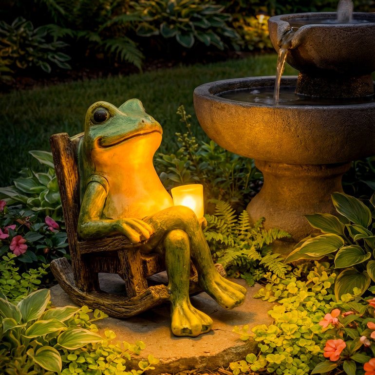 Solargartenfigur Frosch | Warmweißes LED-Licht | Automatik-Dämmerungsschalter | NachtQuak