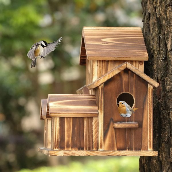 Handgefertigtes Vogelhaus Holz | 6 Eingänge | Jute-Aufhängung | Nestholm
