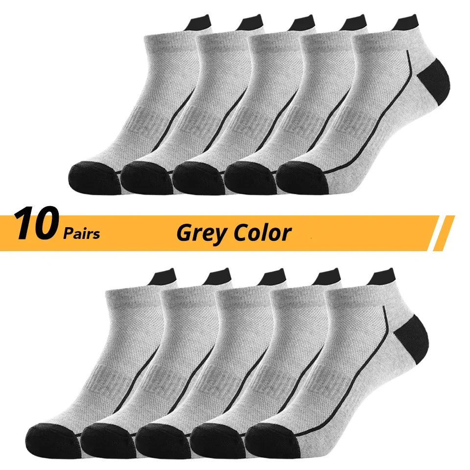 10 Paar graue Sportsocken, knöchelhoch, atmungsaktiv, schwarz-graues Design, Unisex.