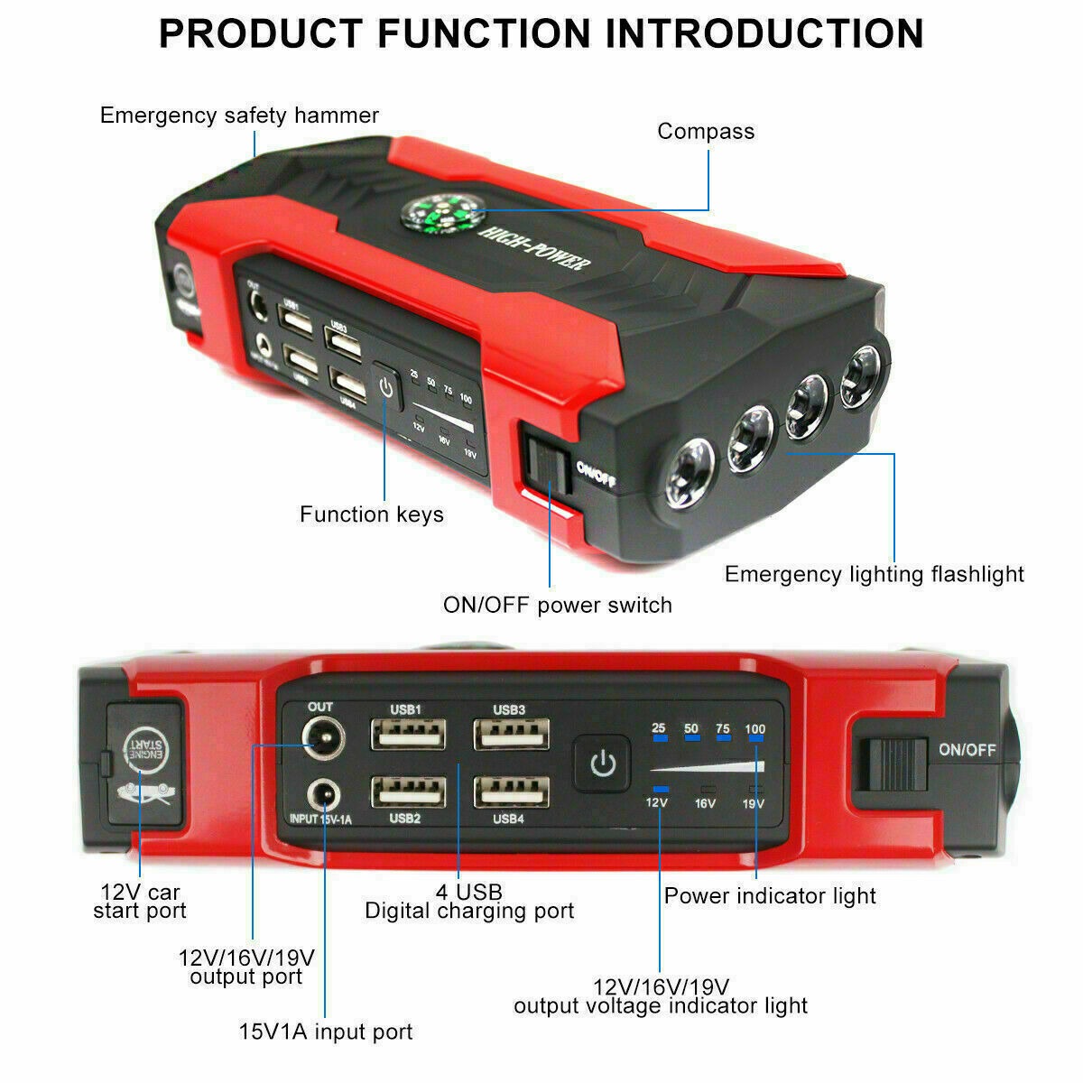 Starthilfegerät Auto 1200A | Powerbank, LED-Taschenlampe & Kompass | 10000mAh Akku mit 9 Schutzfunktionen für 12V-Fahrzeuge 6