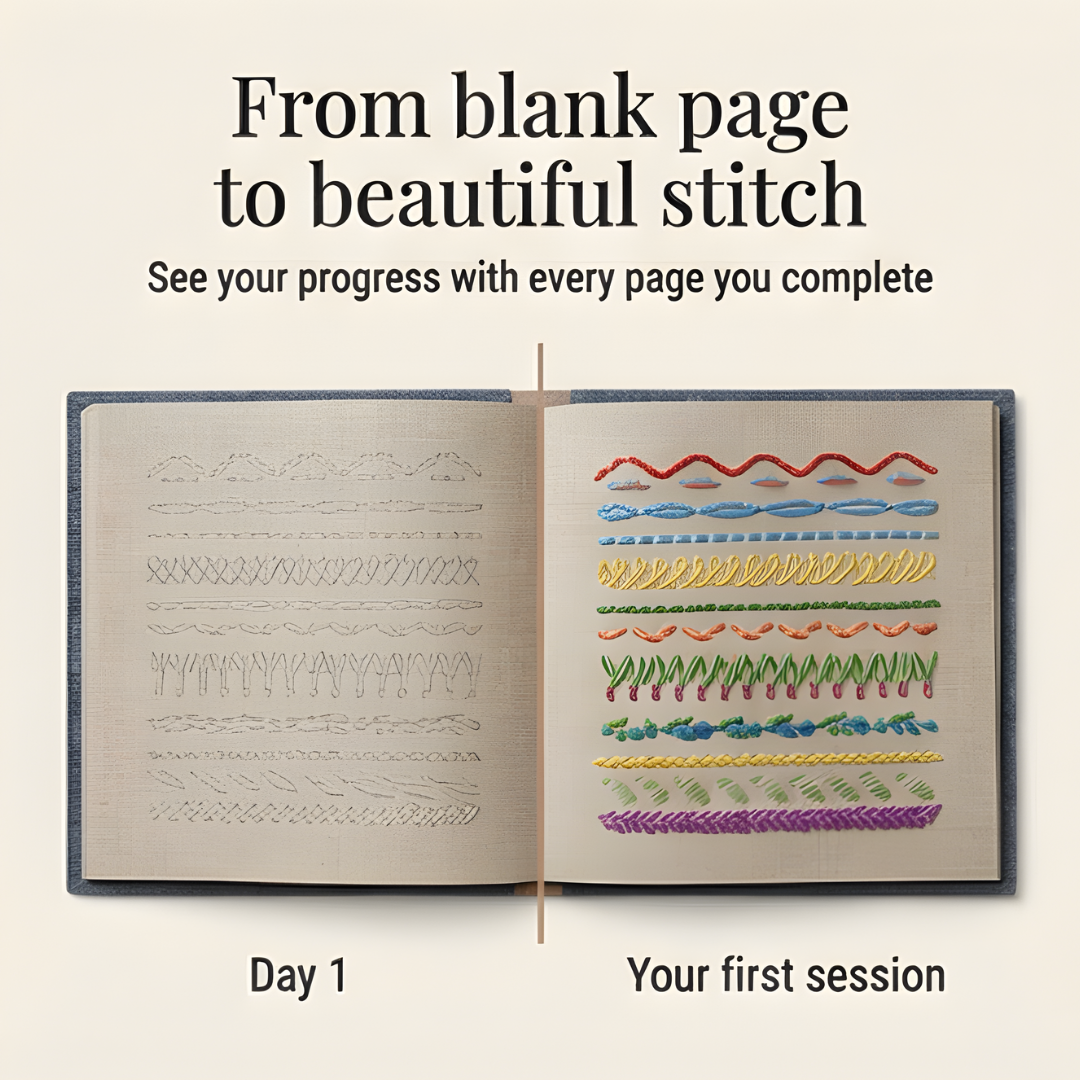 Stickerei | 106 Stiche Schritt für Schritt Buch-Set | Üben auf Leinenseiten | StitchLibrary