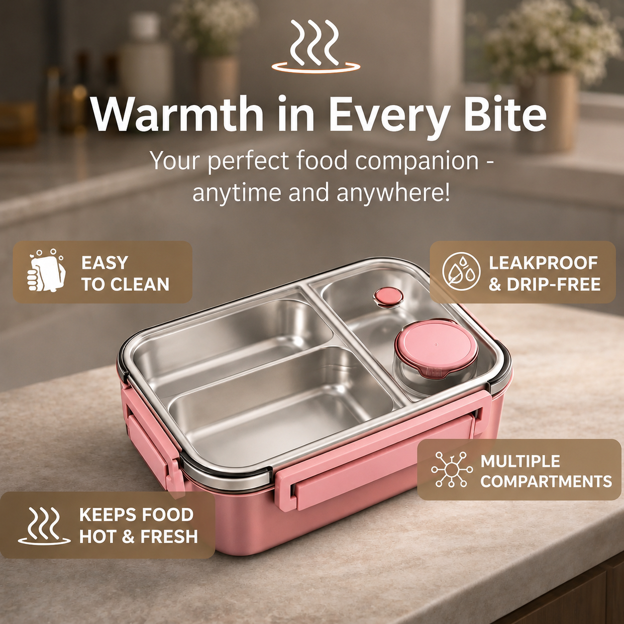 Thermobehälter für Essen | Mehrfach-Fächer Edelstahl | Auslaufsicherer Klickverschluss | Warmpack