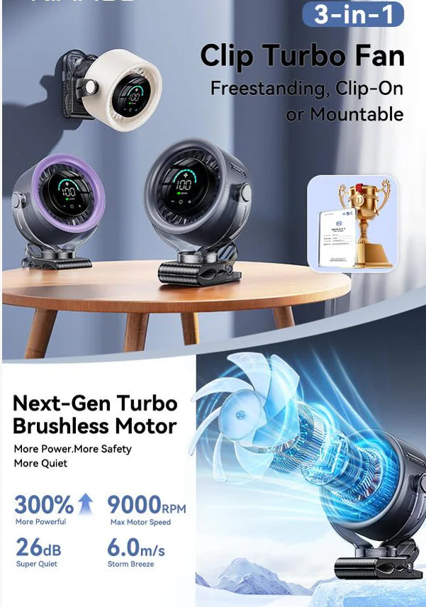 Tragbarer Clip-Ventilator | 100 Stufen & 360°-Kopf | 3-in-1 Klemmen, Stellen, Aufhängen | CoolPod