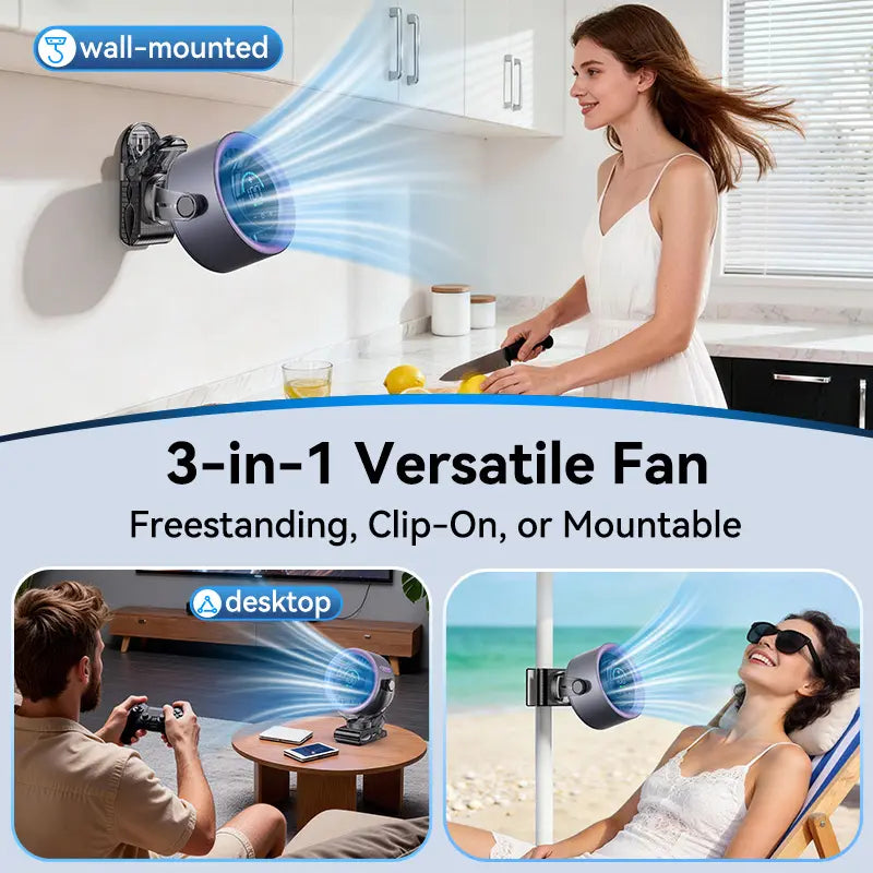 Tragbarer Clip-Ventilator | 100 Stufen & 360°-Kopf | 3-in-1 Klemmen, Stellen, Aufhängen | CoolPod