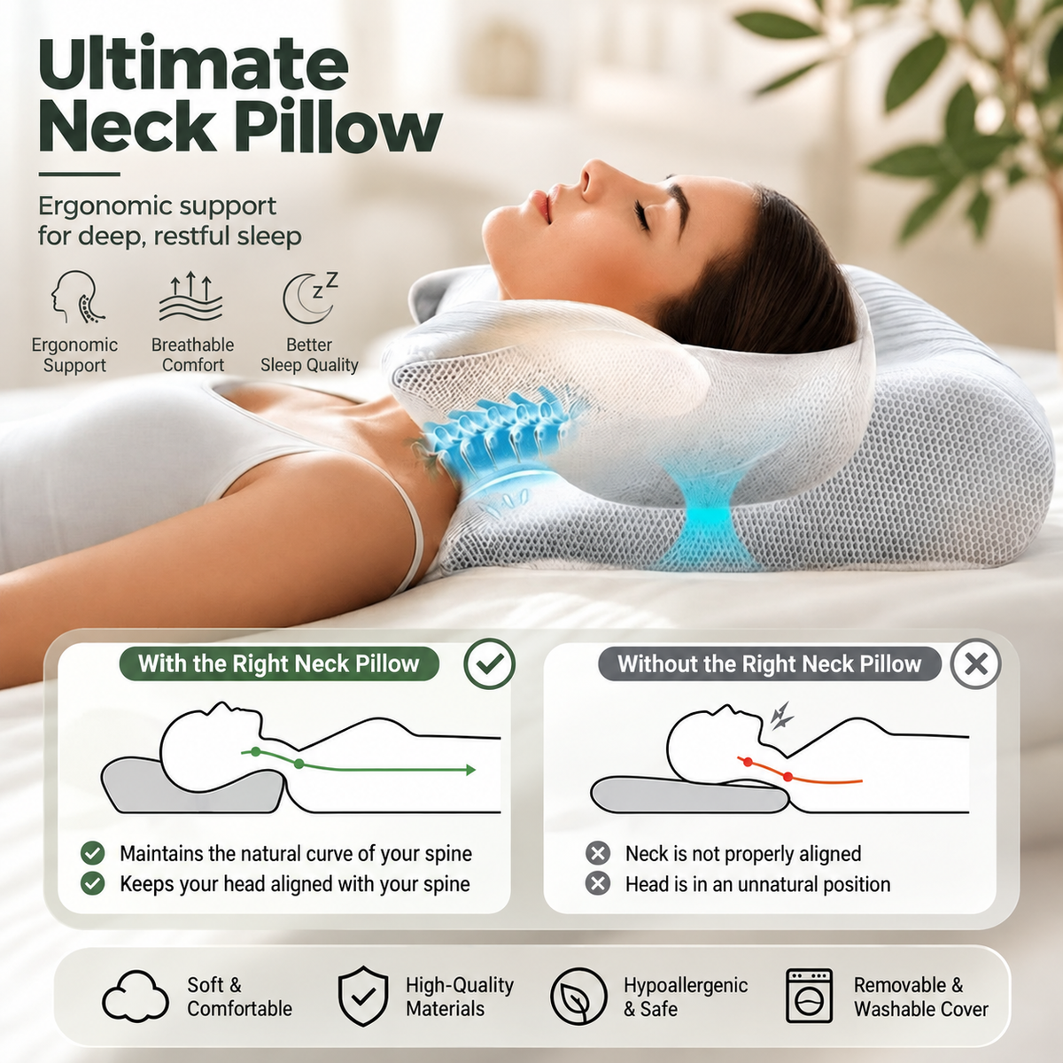 Cuscino ergonomico per il collo in memory foam | Forma sagomata per testa, collo e spalle | Federa lavabile per un sonno ristoratore