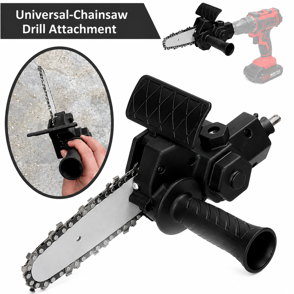 Universal-Kettensägen-Bohraufsatz | Für Bohrmaschine ab 2500 U/min | Wolframstahl-Kette | DrillSaw