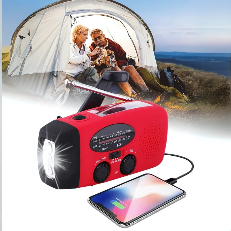 Radio d’urgence avec batterie externe | Radio à manivelle avec énergie solaire | Lampe de poche USB et LED | CrankPower