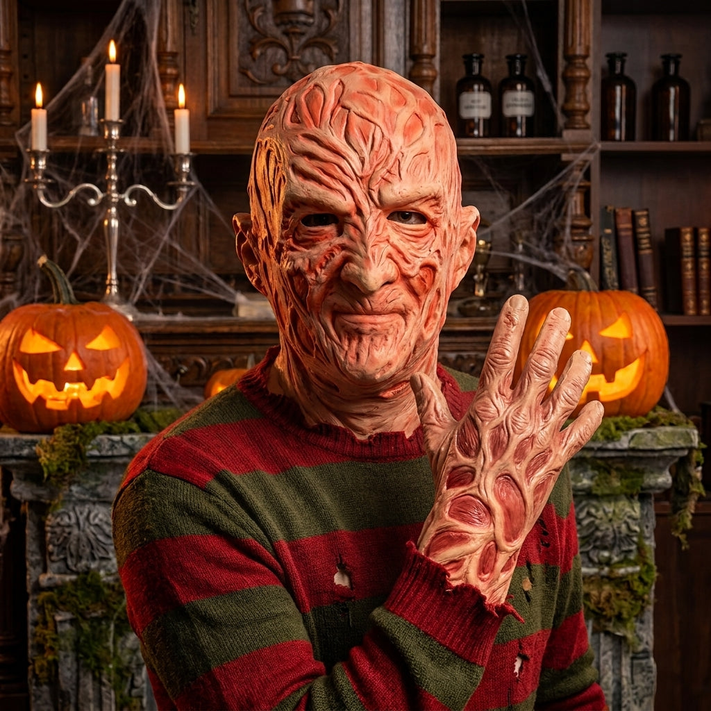 Vernarbte Horror-Maske für Halloween | Set aus Maske & Handschuh aus Gummi | Kostümzubehör für Erwachsene, Unisex 5
