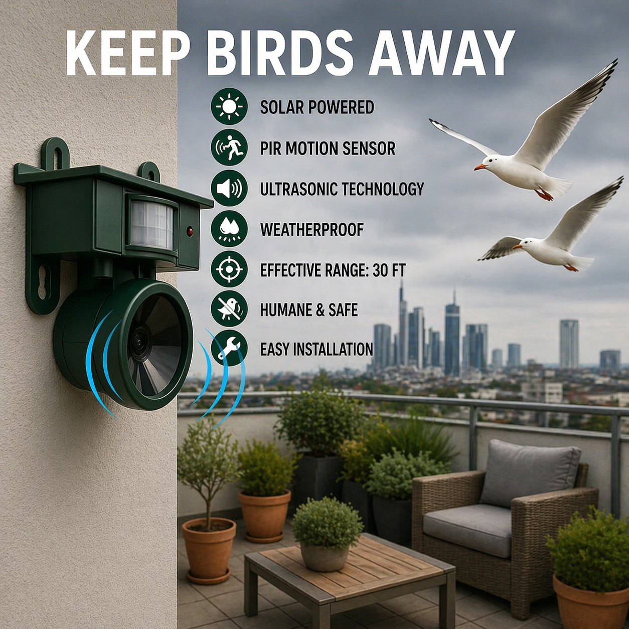 Vogelabwehr| Solarbetriebener Sensor | Tierfreundliche Raubvogelrufe | Birdfend