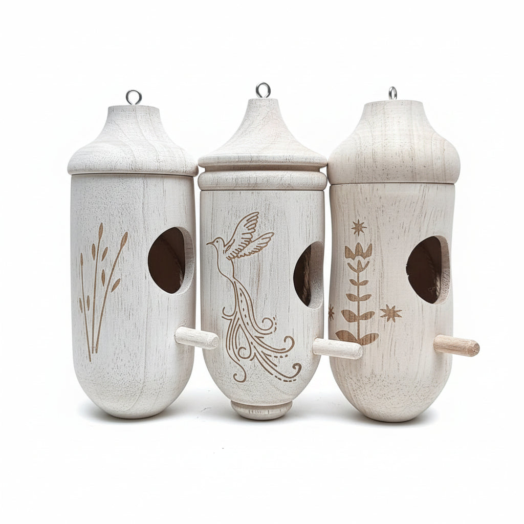 Vogelhaus Holz Hängend 3er-Set | Eingravierte Motive | Nisthaus Garten | BirchHaven