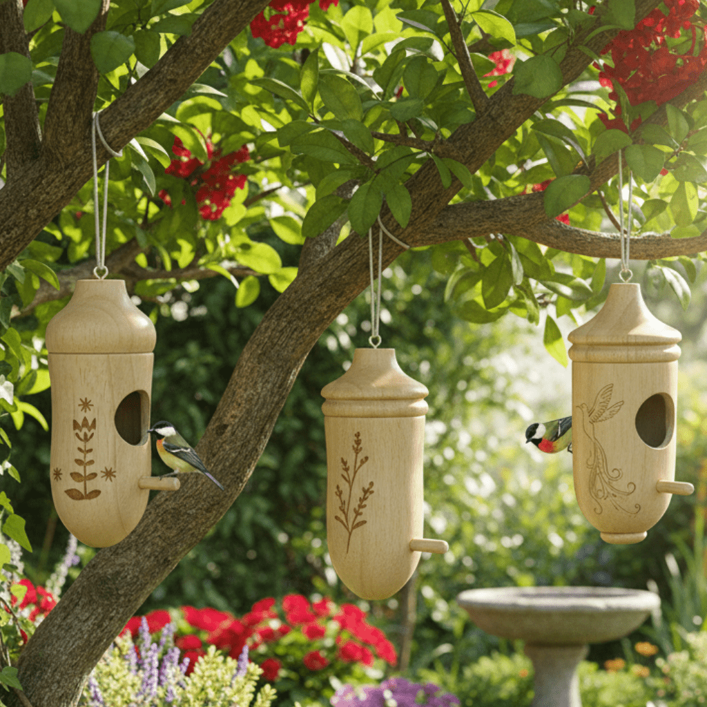 Vogelhaus Holz Hängend 3er-Set | Eingravierte Motive | Nisthaus Garten | BirchHaven